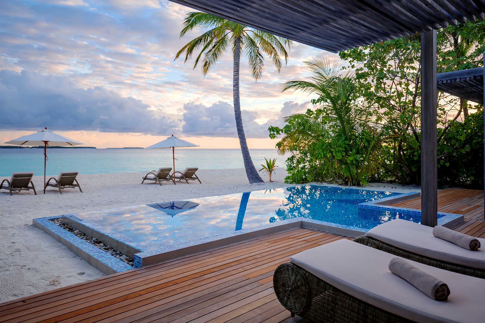 Beach villa infinity pool at sunset with palm tree and white sand beach